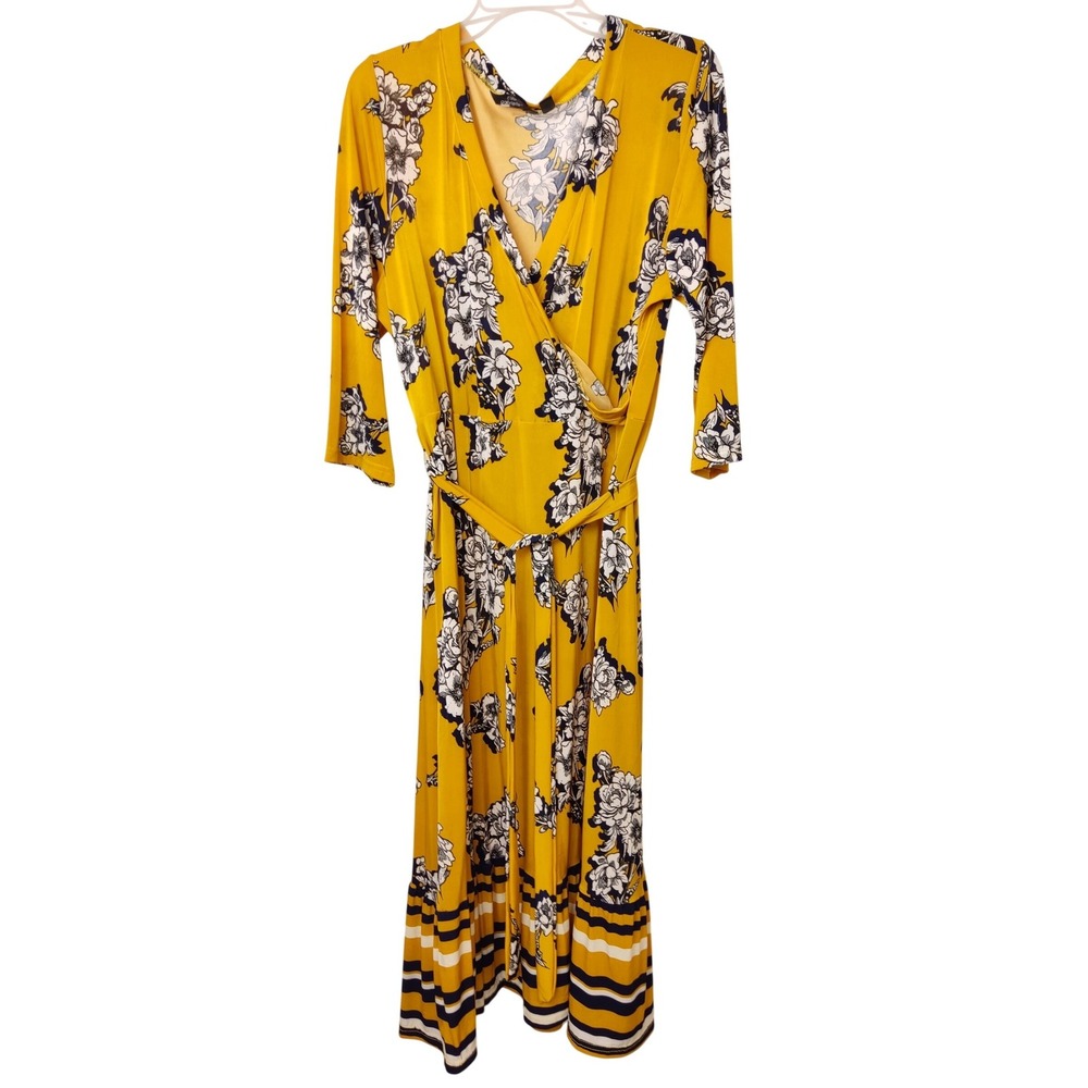 Mille Gabrielle Dress Womens‎ 2X Yellow Floral Faux Wrap Striped Hem 3/4 Sleeve